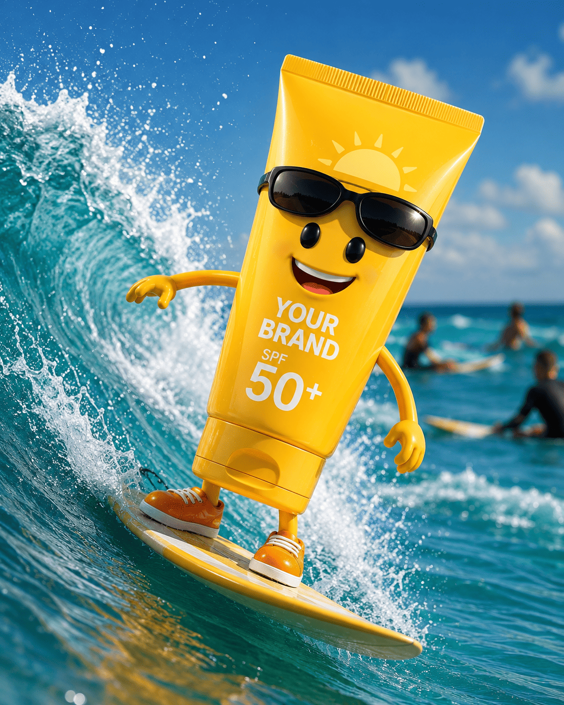 3D Animated Sunscreen Mascot Surfing Ocean Wave | Summer Skincare Campaign