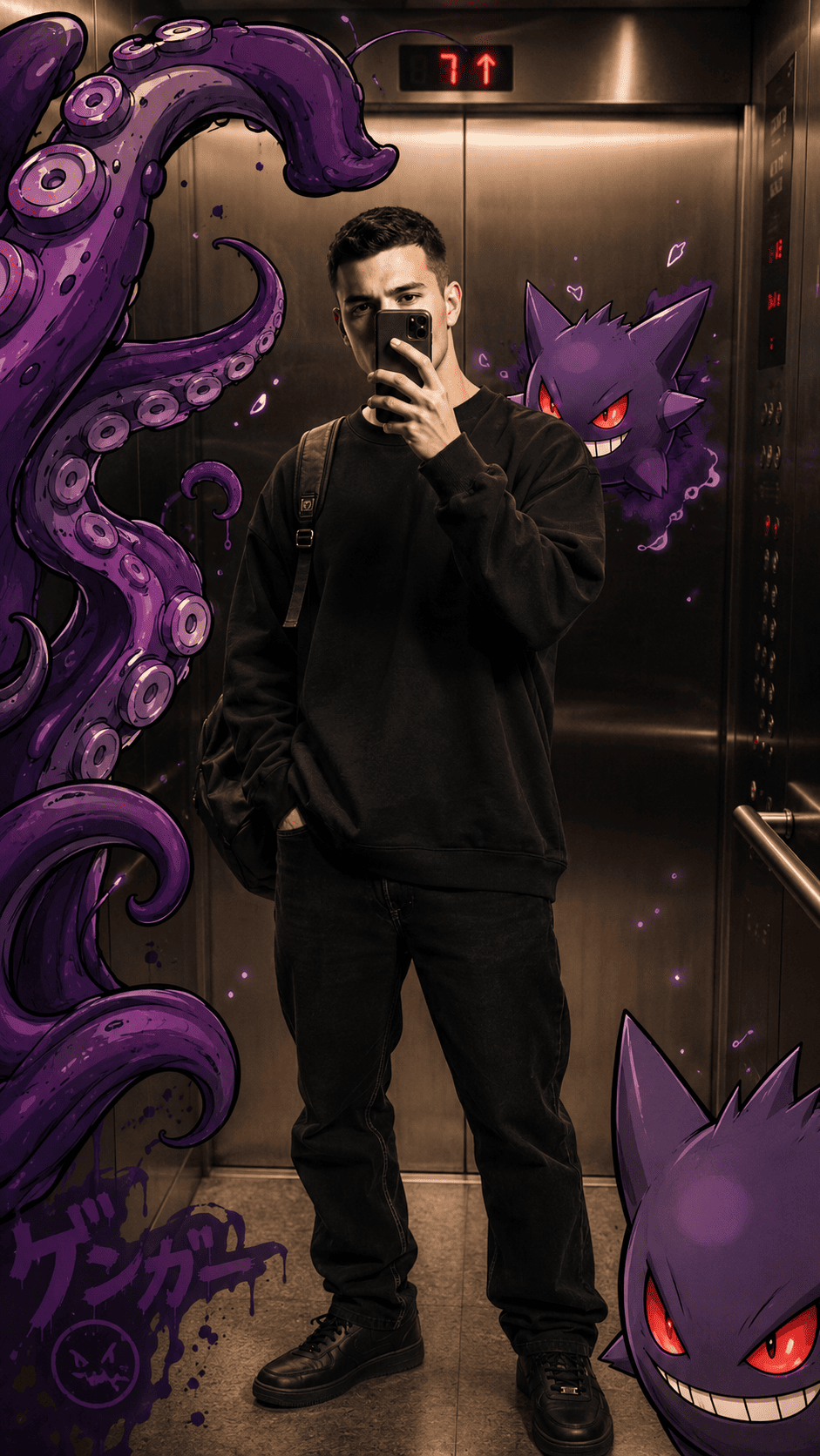 Anime-Inspired Elevator Mirror Selfie with Street Art Fantasy Elements