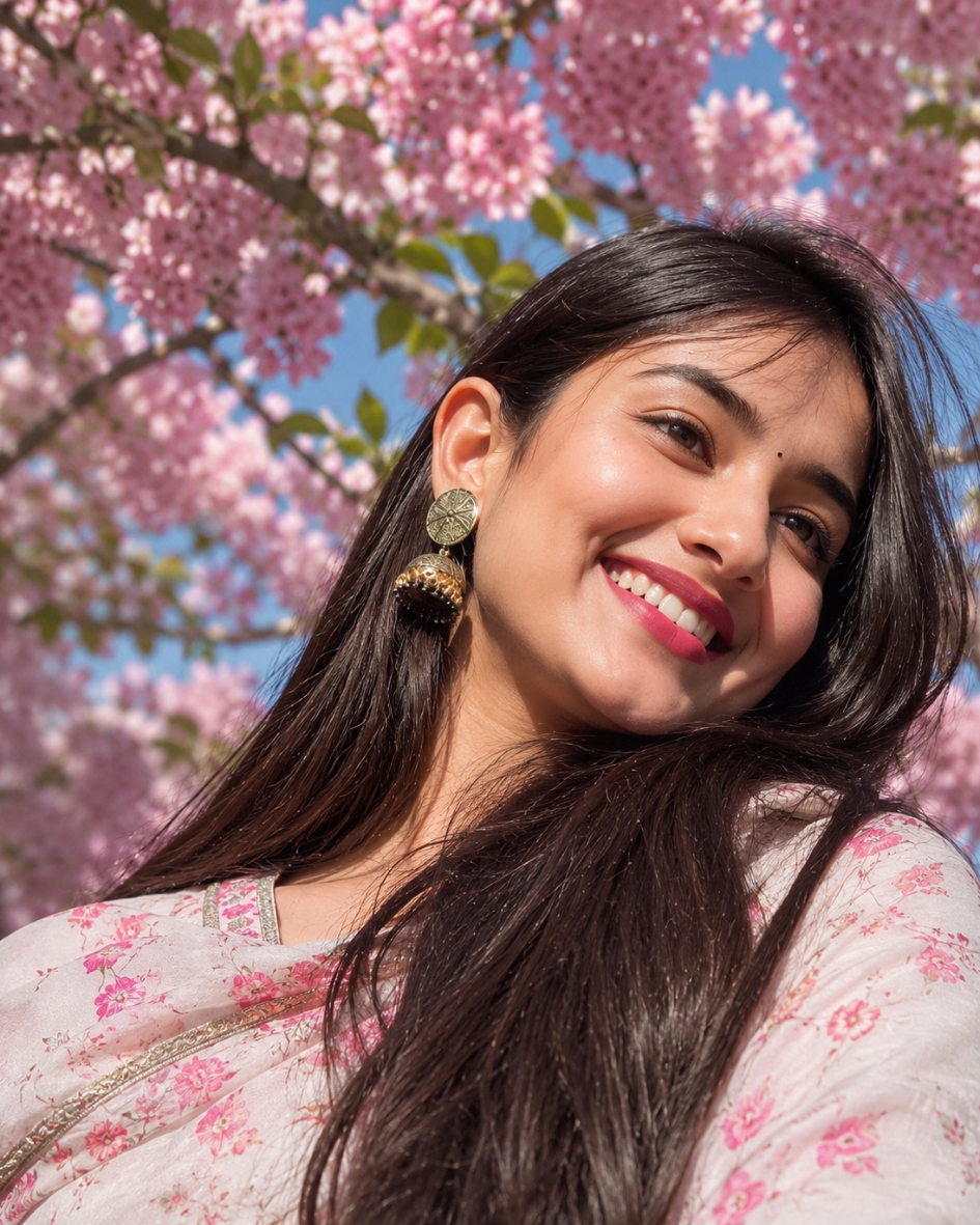 Beautiful South Asian Woman in White Floral Salwar Under Pink Blossoms | Serene Portrait