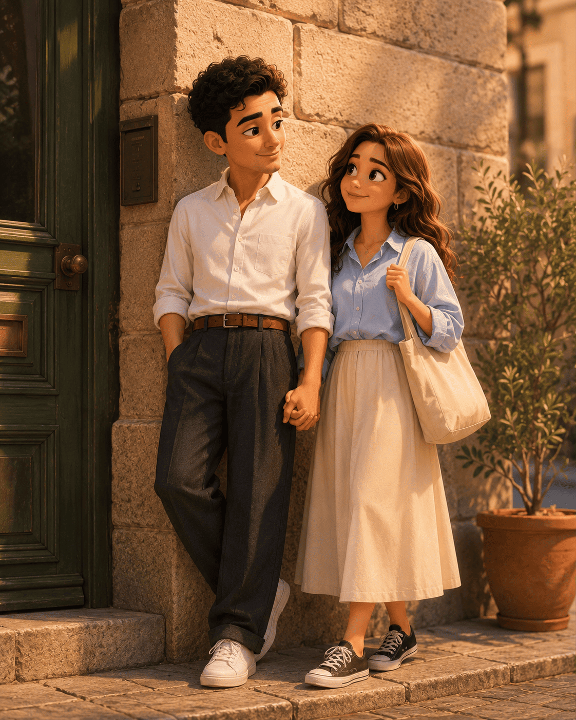 Cinematic 3D Animated Couple Portrait in a European Street Setting