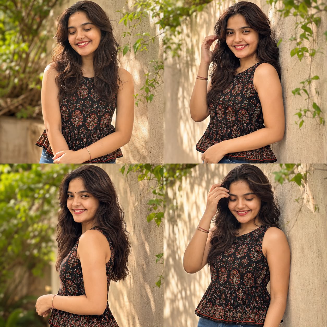 Cinematic 4-Panel Portrait Collage of an Indian Woman in Floral Peplum Top