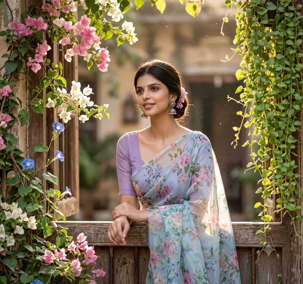 Cinematic Indian Woman Portrait in Pastel Floral Organza Saree by Rustic Window
