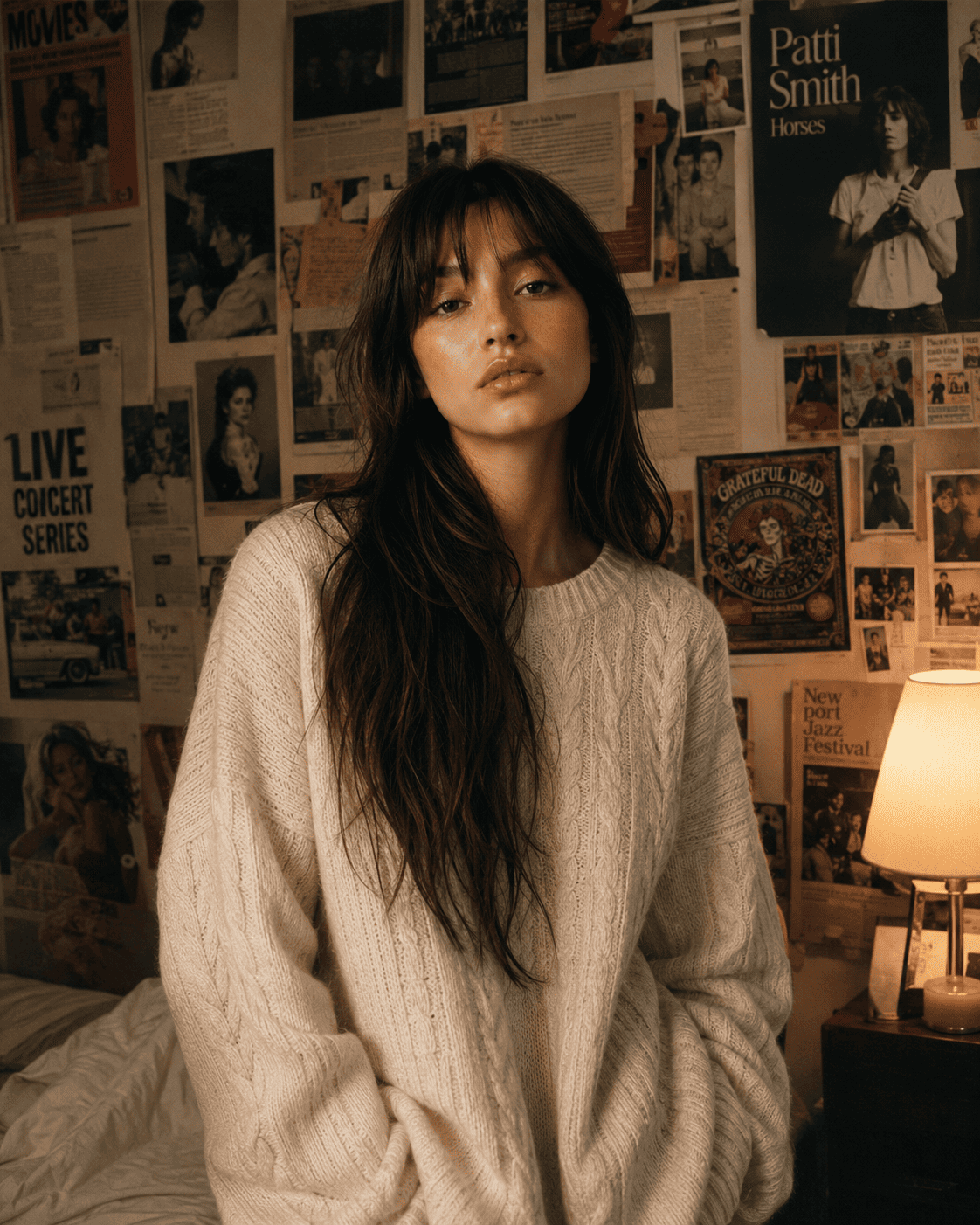 Cinematic Indie Bedroom Portrait with Vintage Collage Wall Aesthetic