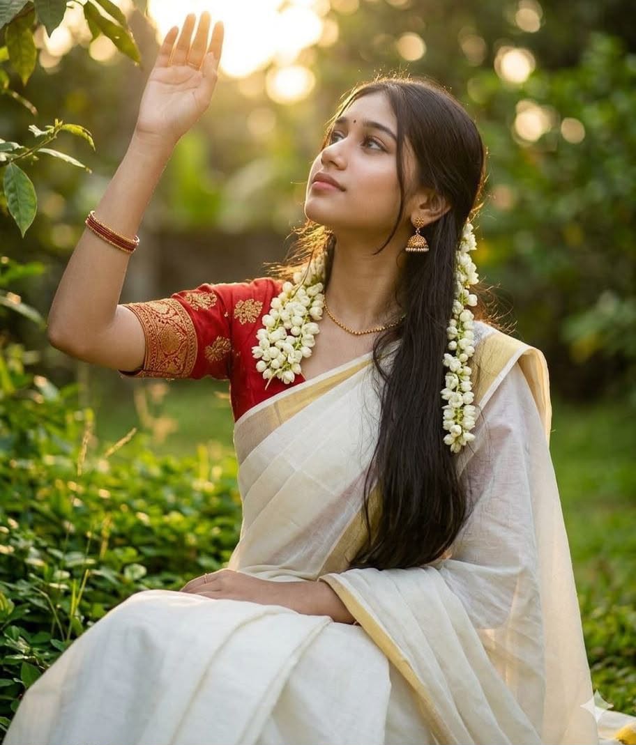 Cinematic Portrait of a South Asian Woman in Traditional Kerala Saree