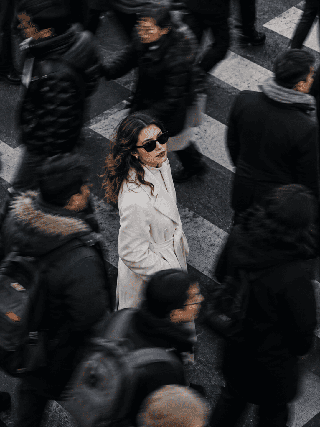 Cinematic Urban Fashion Portrait at a Busy Crosswalk | AI Photography Prompt