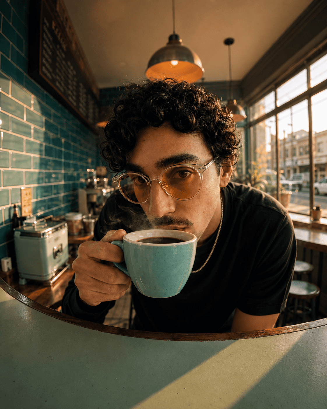 Cinematic Vintage Café Portrait with Coffee Mug and Luxury Editorial Aesthetic
