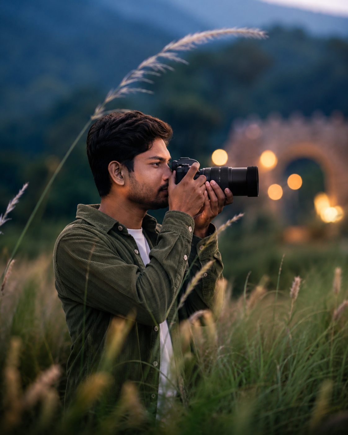 Cinematic Wildlife Photographer in Twilight Meadow with Mirrorless Camera