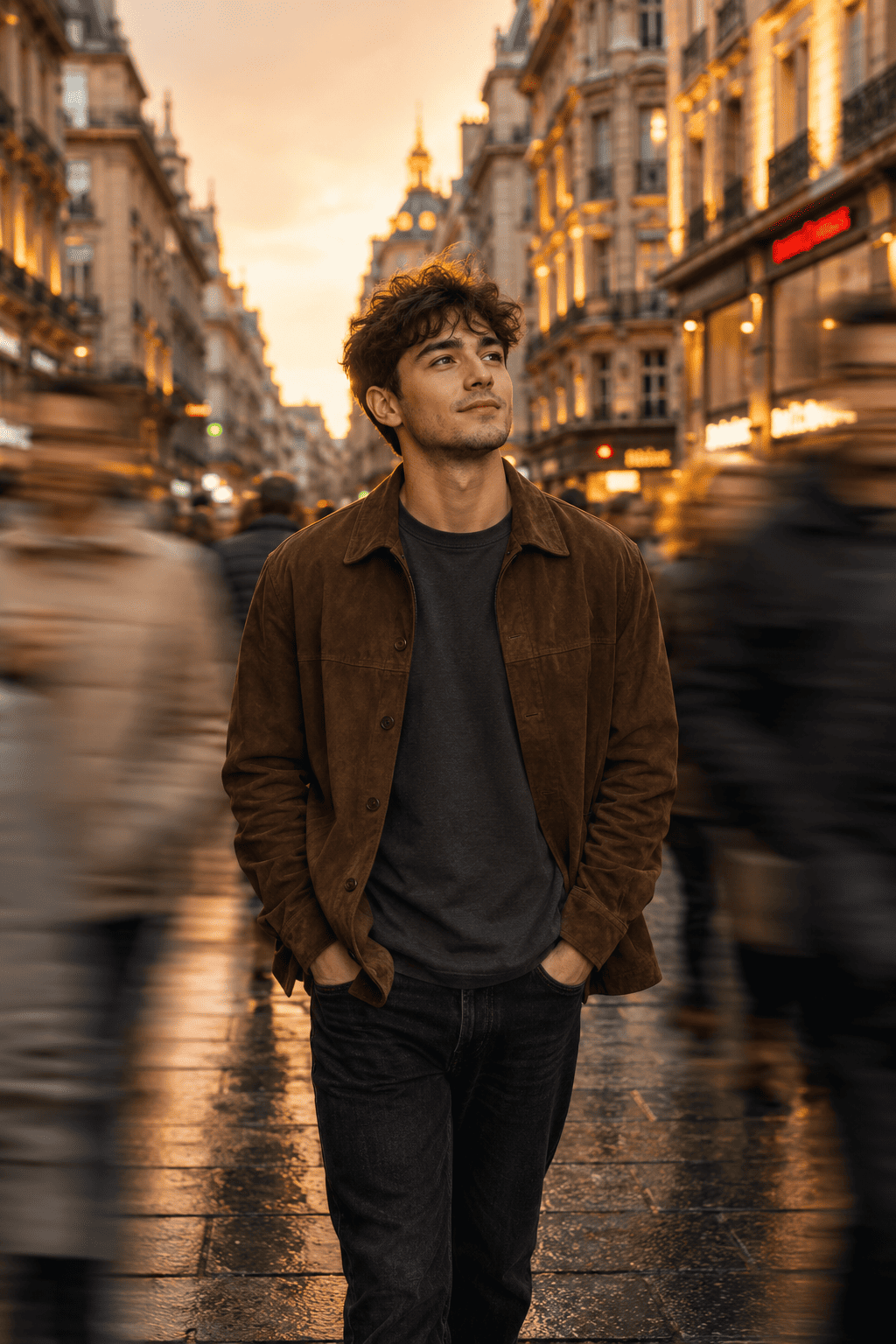 Cinematic European Street Portrait | Golden Hour Motion Blur AI Prompt