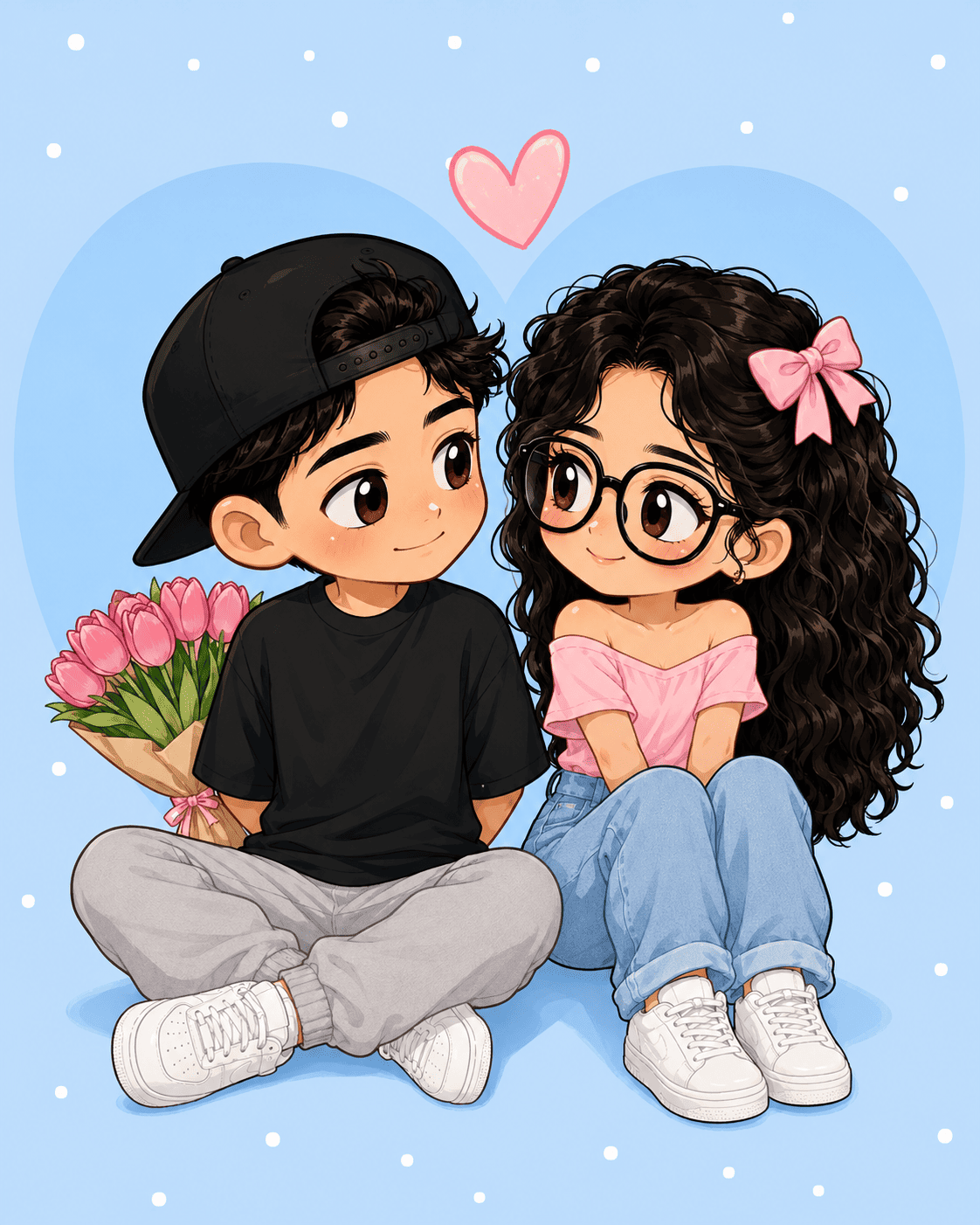 Cute Kawaii Chibi Couple Portrait | Romantic Anime Sticker Illustration