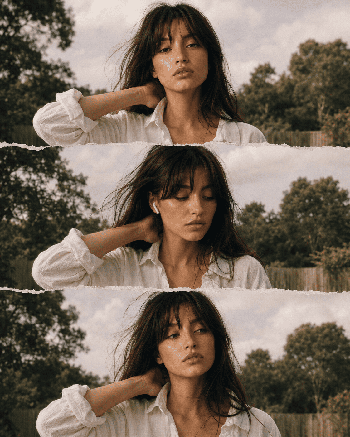 Dreamy Indie Three-Frame Editorial Portrait Collage in Garden Setting