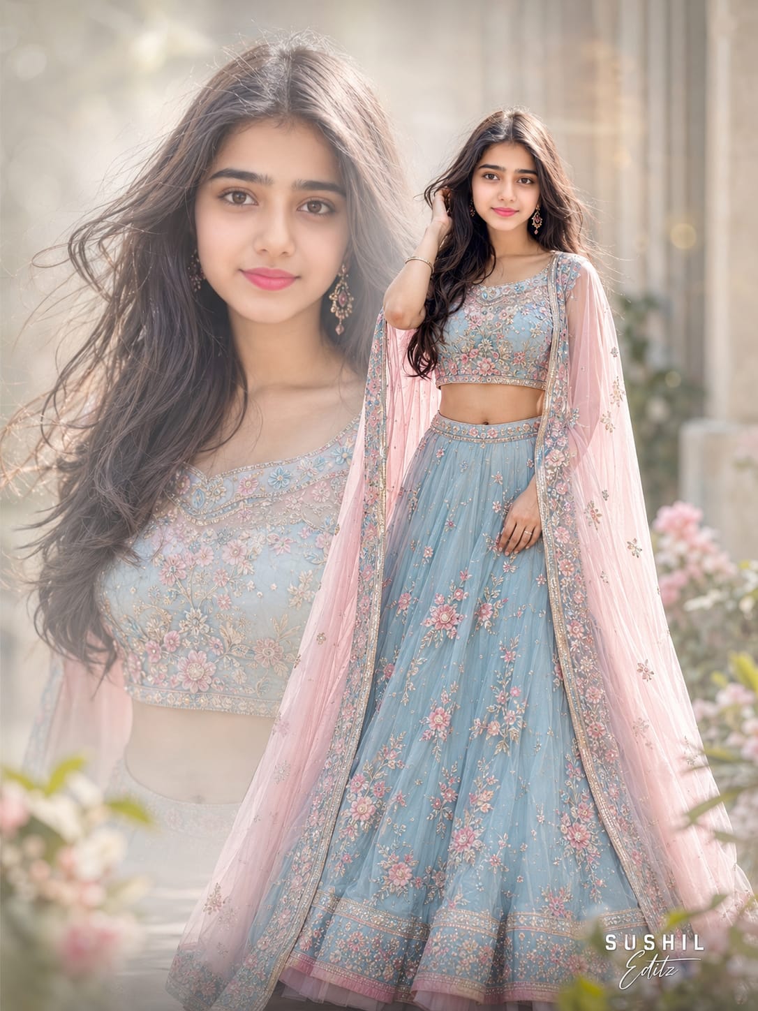 Elegant Double Exposure Portrait of an Indian Girl in a Pastel Floral Lehenga