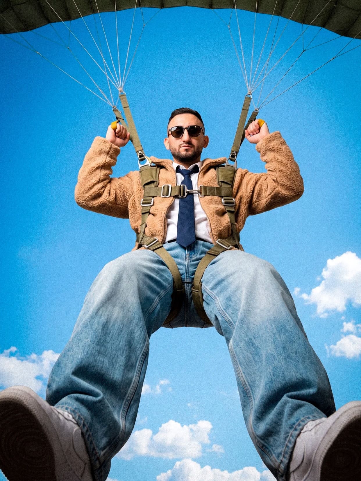 Extreme Low-Angle Parachute Harness Editorial Portrait