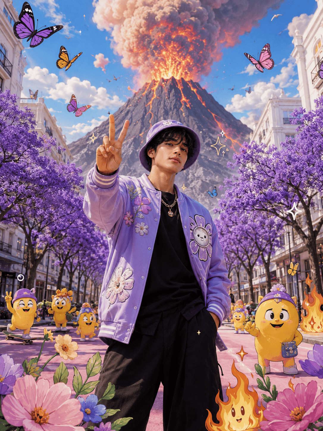 Fantasy City Streetwear Editorial with Cartoon World & Volcano Prompt