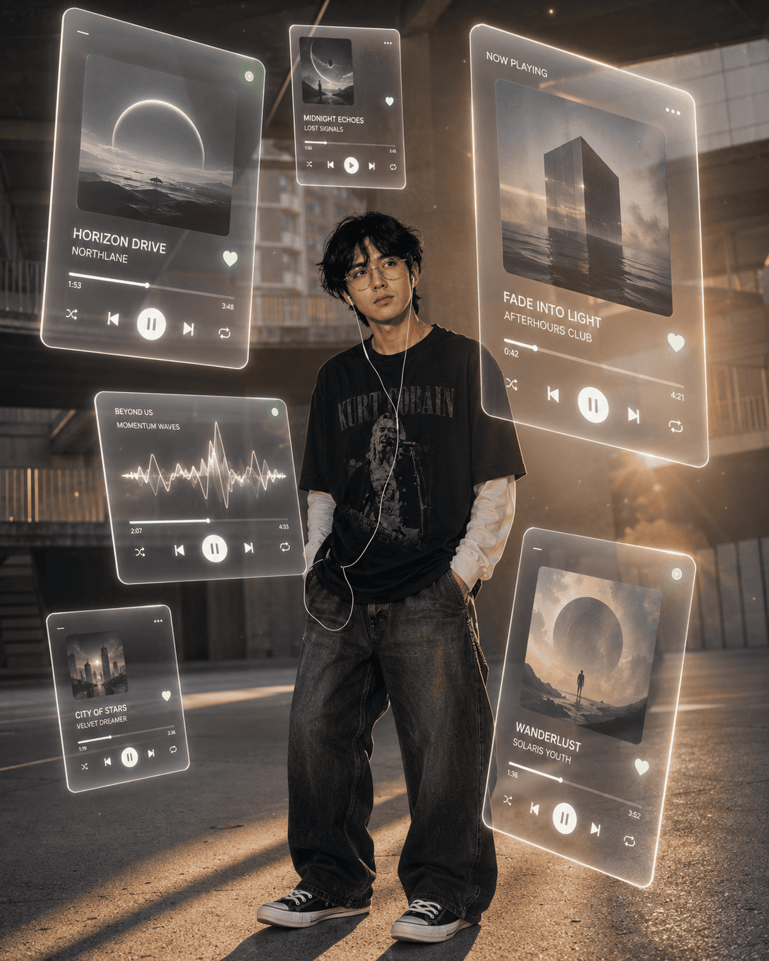 Futuristic Holographic Music Interface Street Portrait with Cyber-Minimal Editorial Style