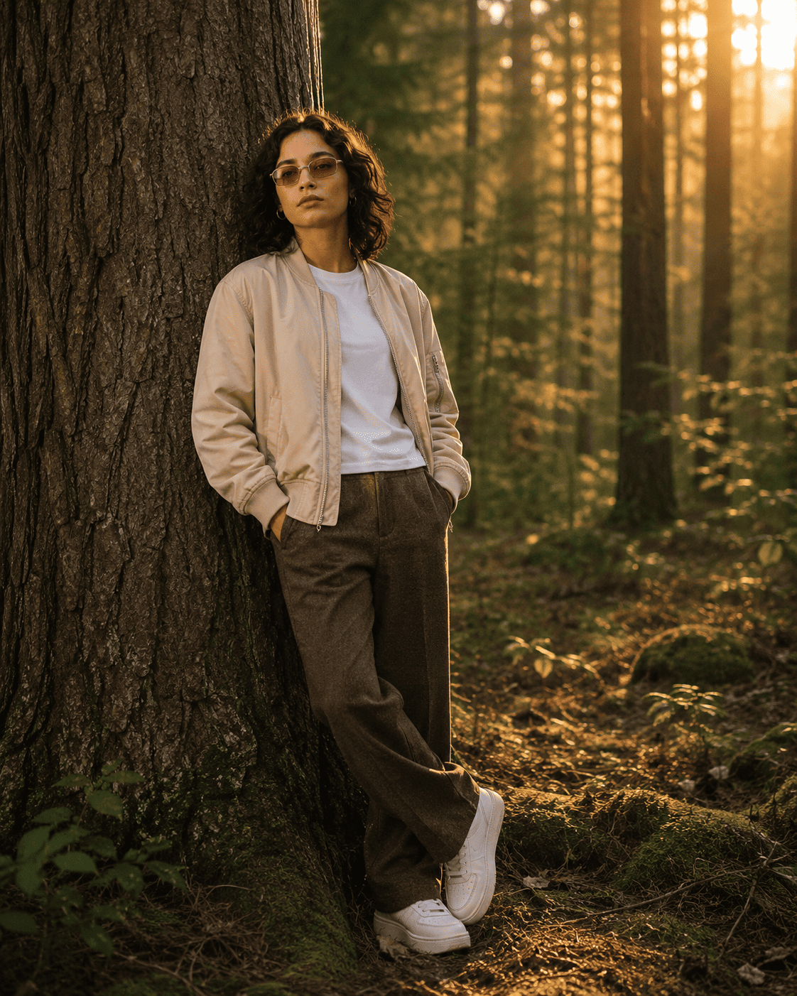 Golden Hour Pine Forest Portrait with Luxury Outdoor Editorial Style