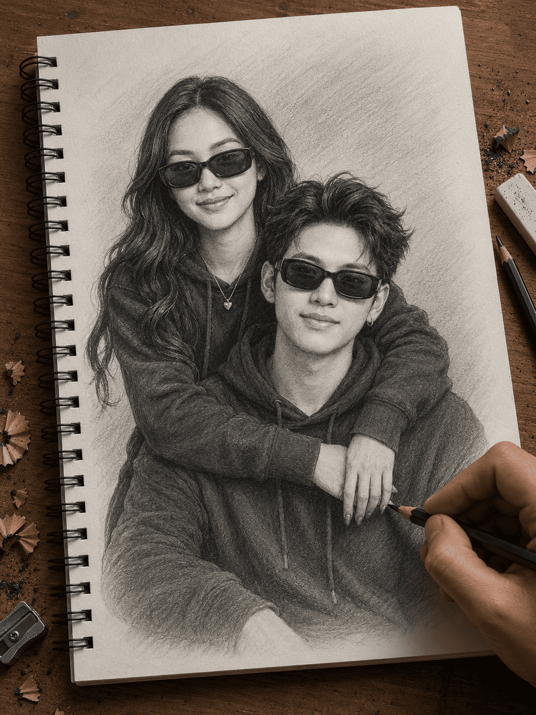 Hand-Drawn Graphite Couple Portrait in Sketchbook | Hyper-Realistic Pencil Art