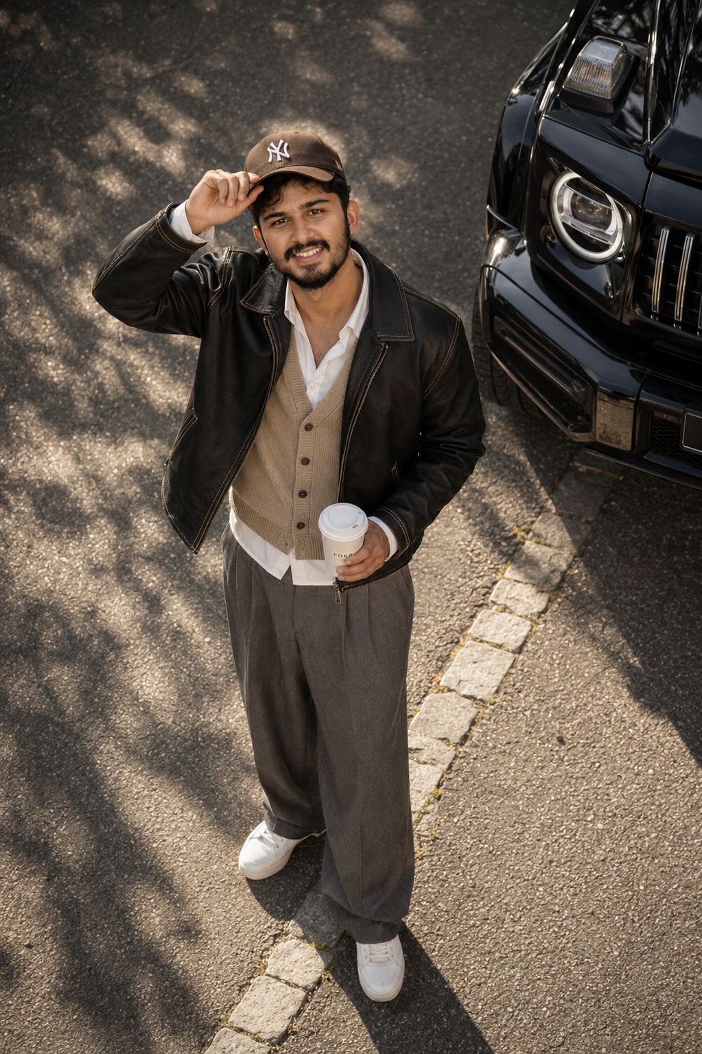 High-Angle Editorial Street Style Portrait of a Young Man with Luxury SUV