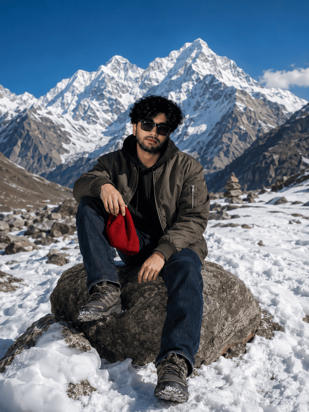 Himalayan Adventure Portrait with Snow Mountain Editorial Aesthetic