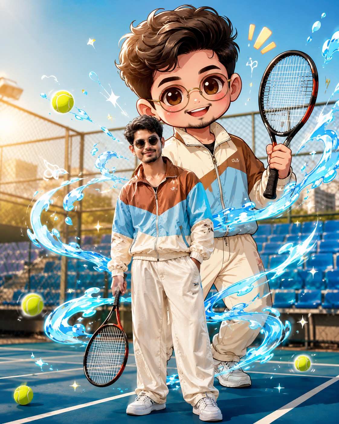 Hyper-Realistic Mixed-Media Sports Portrait with Giant Chibi Cartoon Character