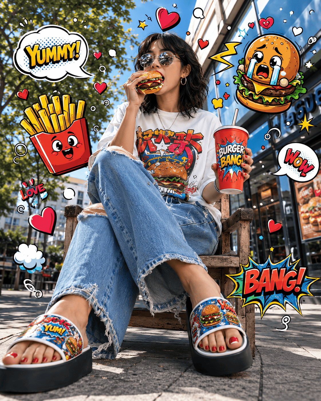 Hyper-Realistic Mixed-Media Street Fashion Portrait with Pop-Art Food Illustrations