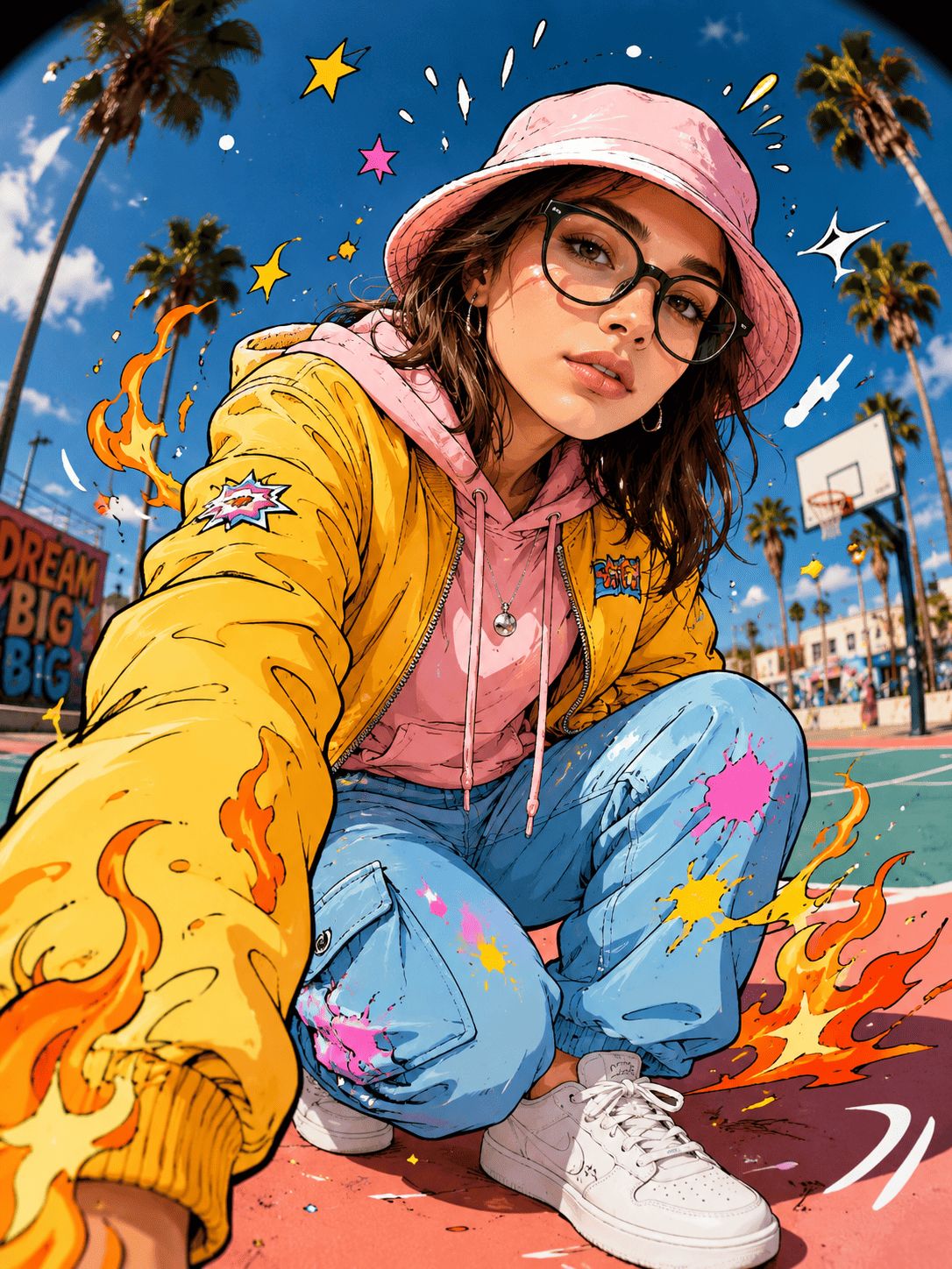 Hyper-Realistic Mixed-Media Streetwear Portrait with Comic-Style Cel-Shaded Fashion