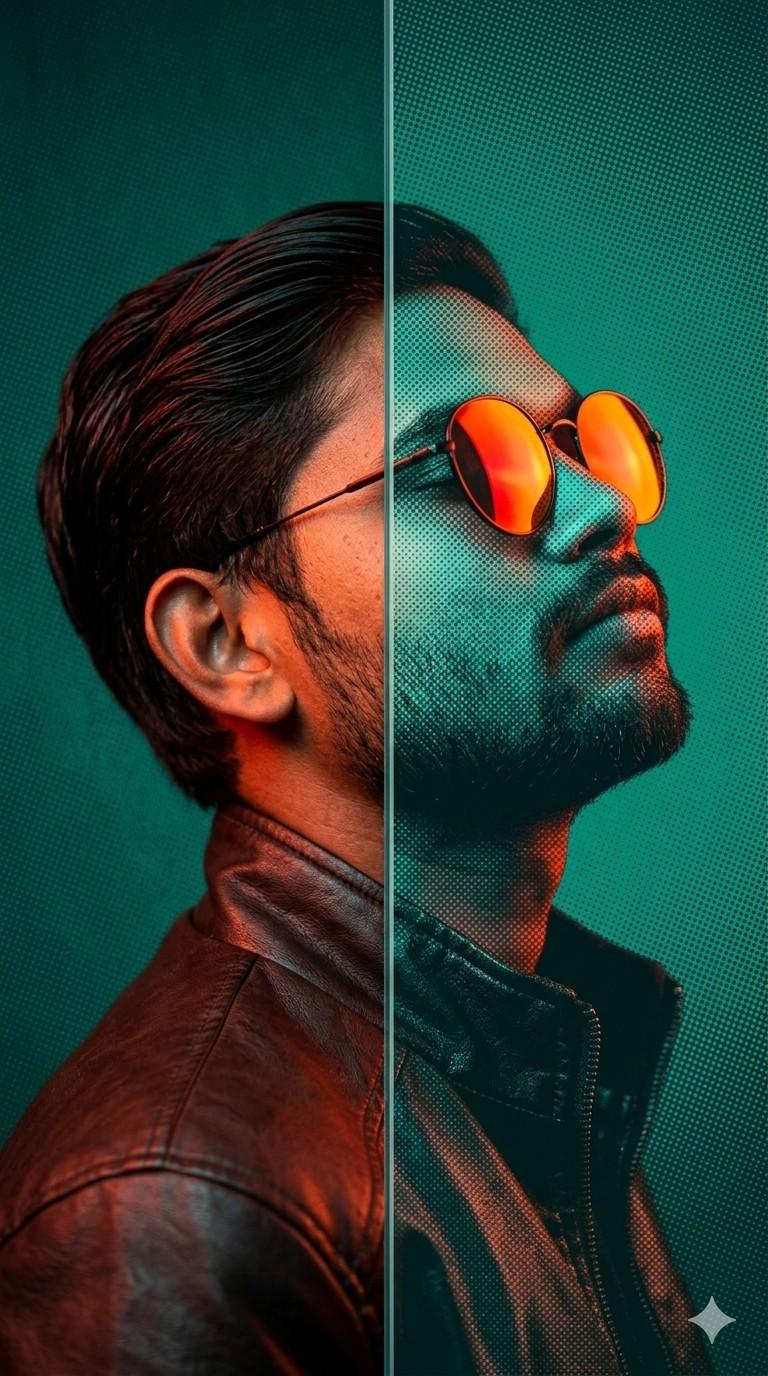 Hyperrealistic Split-Tone Magazine Cover Portrait with Neon Orange Sunglasses