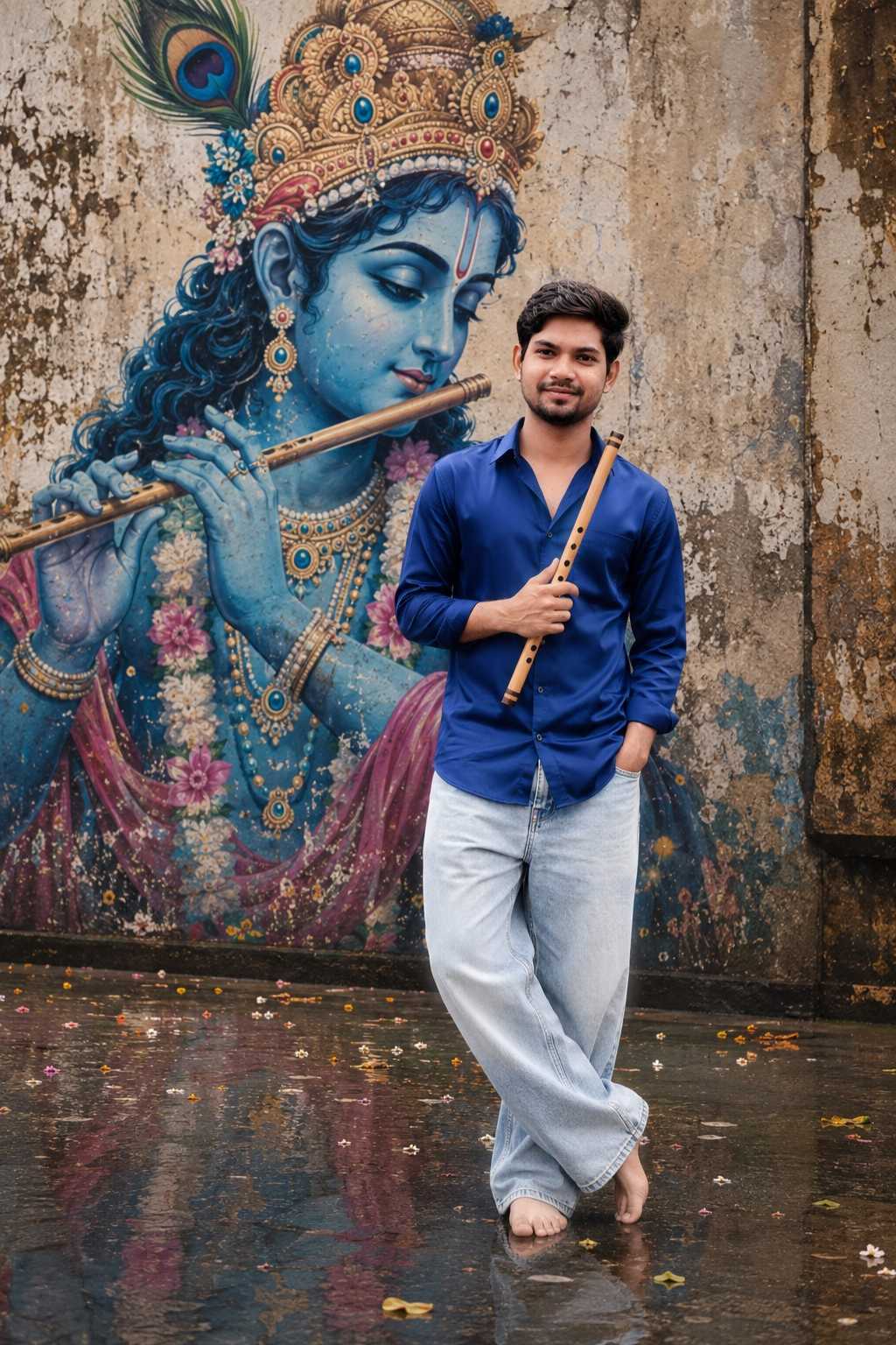 Lord Krishna Mural Portrait AI Prompt – Cinematic Devotional Street Photography