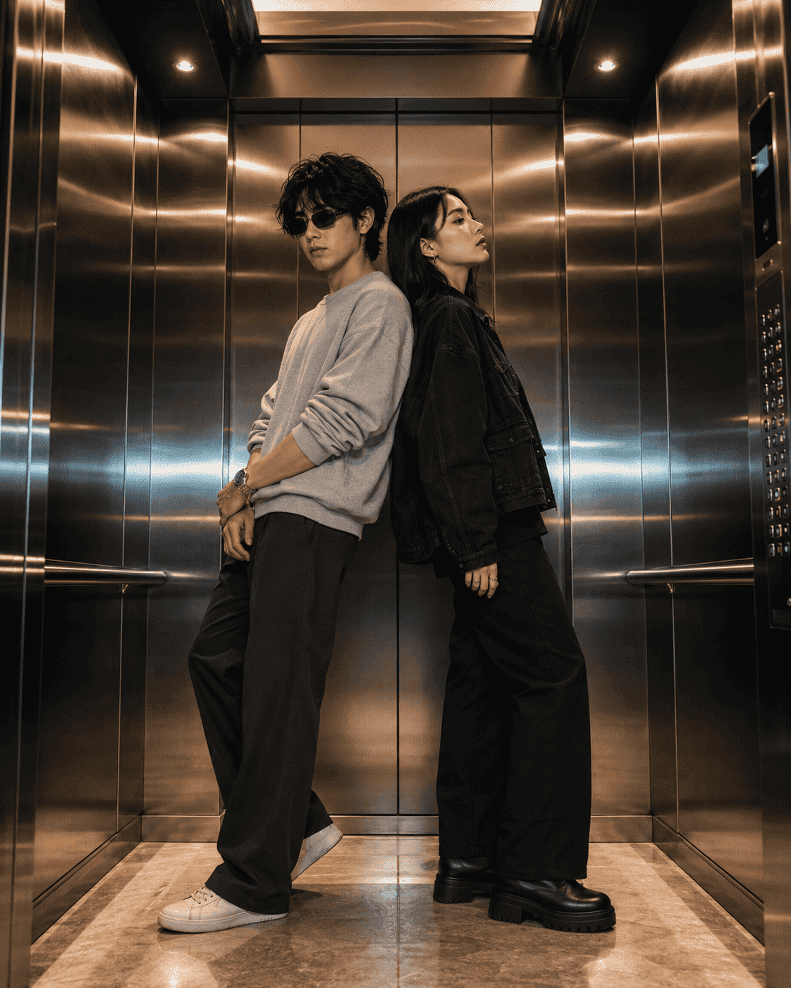 Luxury Elevator Fashion Editorial Portrait with Cinematic Streetwear Aesthetic