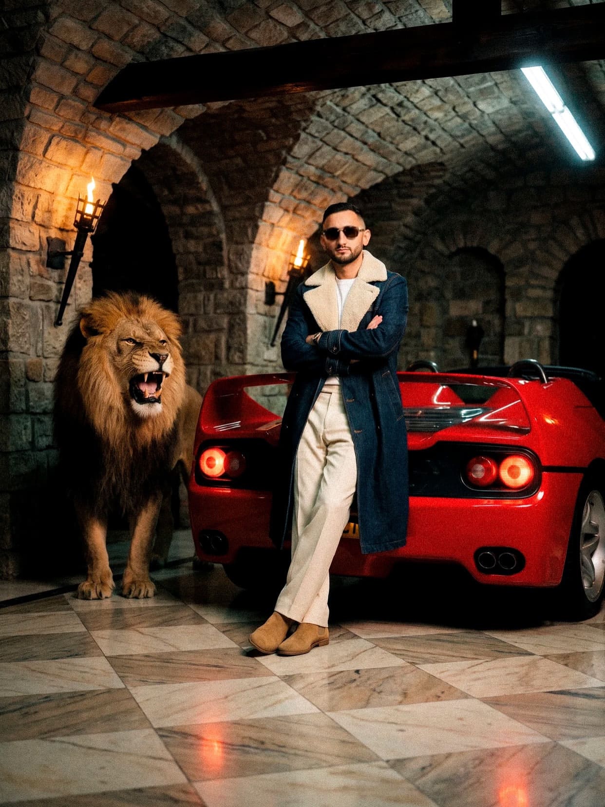 Luxury Ferrari and Lion Editorial Portrait