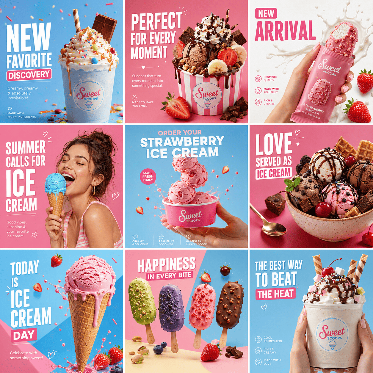 Luxury Ice Cream Social Media Campaign | Premium 3×3 Instagram Carousel