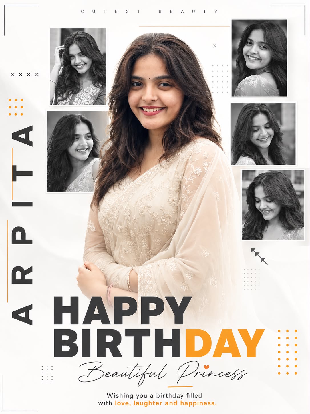 Luxury Minimalist Birthday Poster Design with Elegant Saree Portrait