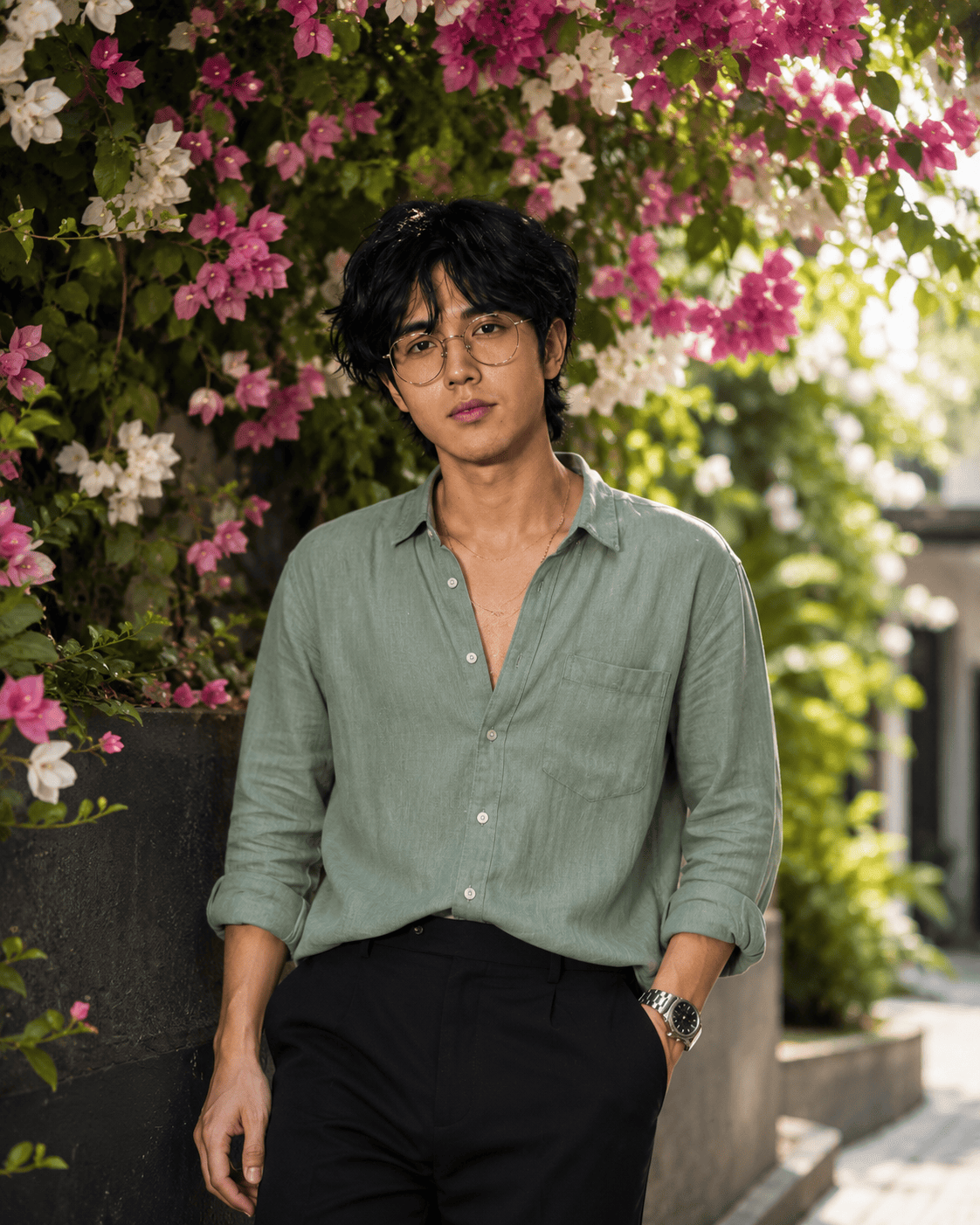 Luxury Outdoor Portrait Under Bougainvillea Canopy with Cinematic Natural Lighting