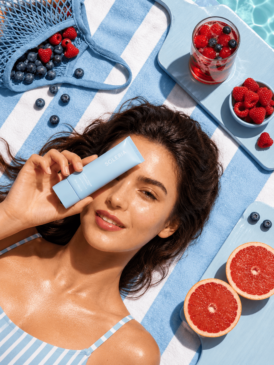 Luxury Summer Skincare Campaign with Beauty Model | Editorial Flat-Lay Product Photography Prompt