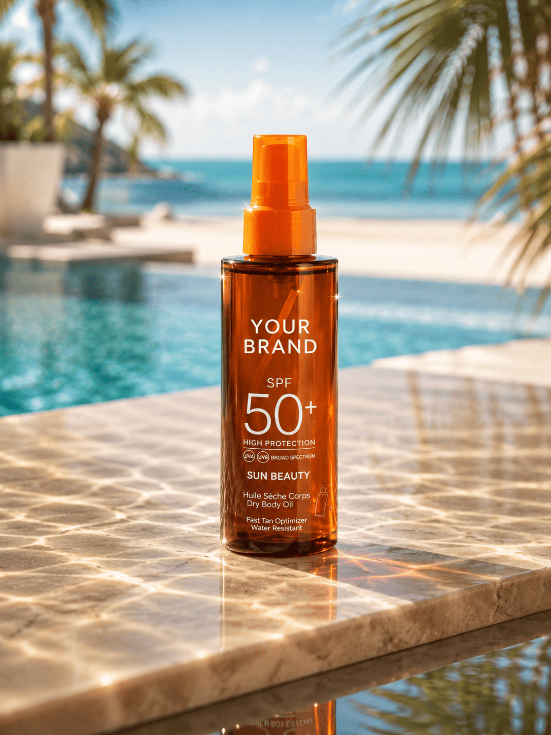 Luxury Sunscreen Spray Bottle Advertisement | Tropical Resort Skincare Campaign