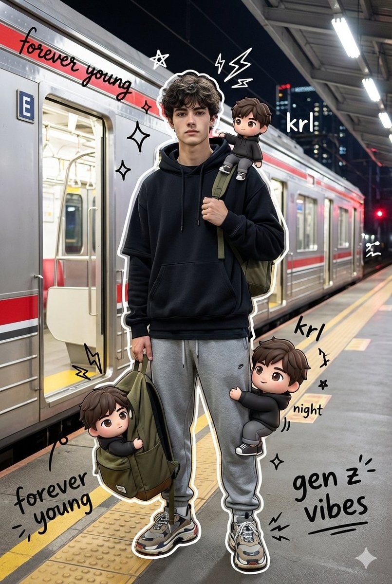 Mixed Media KRL Night Portrait Prompt | Hyper-Realistic Streetwear & Chibi Illustration