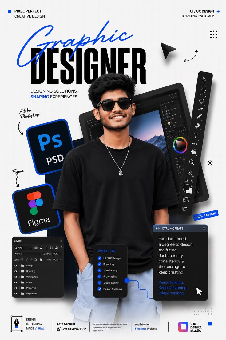 Premium Graphic Designer Portfolio Poster with Futuristic UI Editorial Design