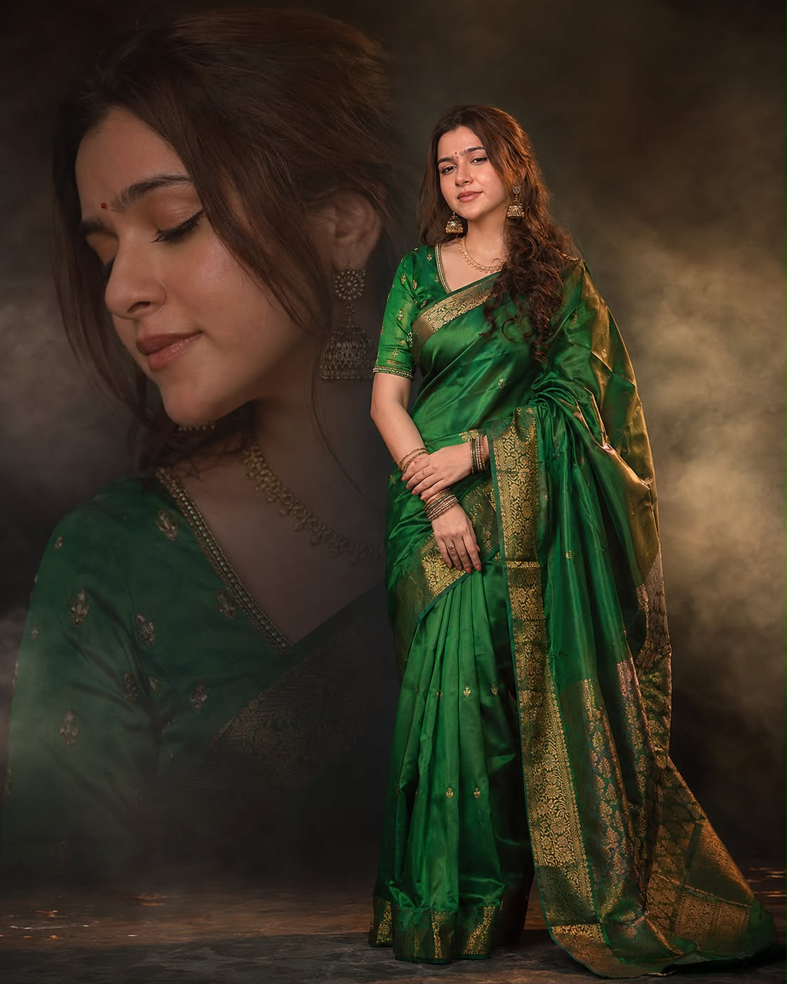 Realistic Double Exposure Portrait of a Woman in a Green Indian Saree