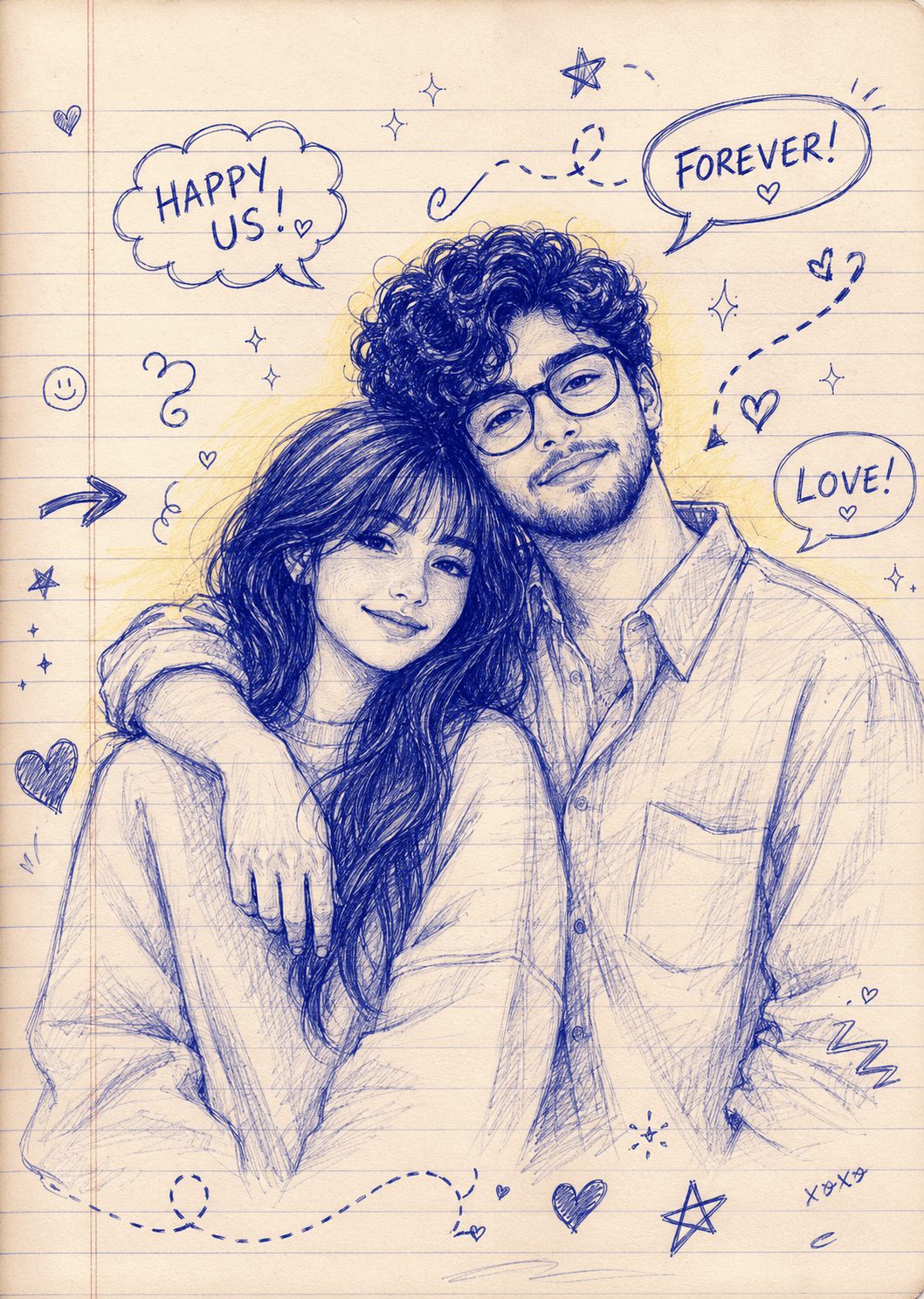 Romantic Blue Ballpoint Pen Couple Sketch on Vintage Notebook Paper