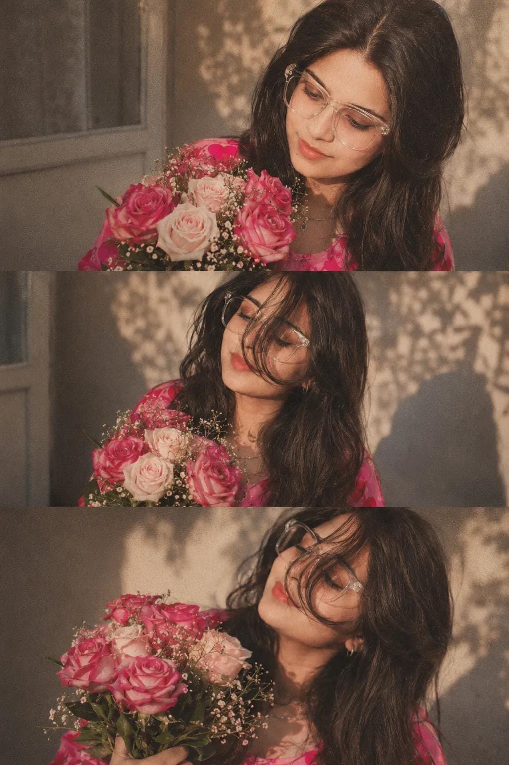 Romantic Cinematic Portrait Collage with Roses and Sunlit Film Grain
