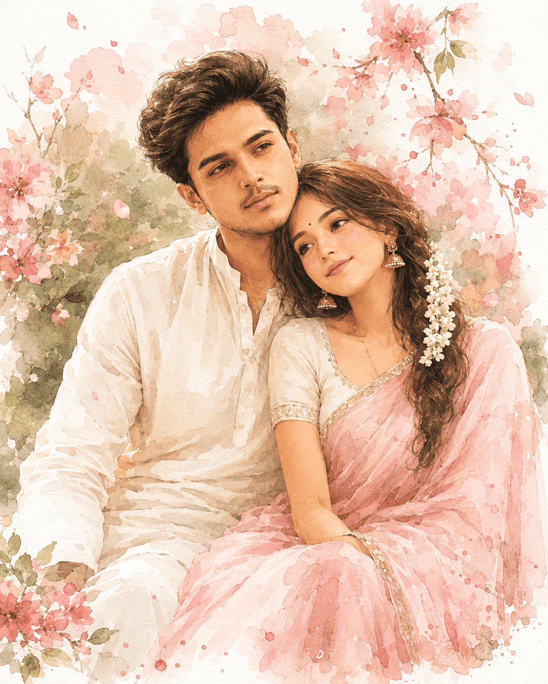 Romantic Indian Couple Watercolor Portrait | Fine Art Wedding Illustration