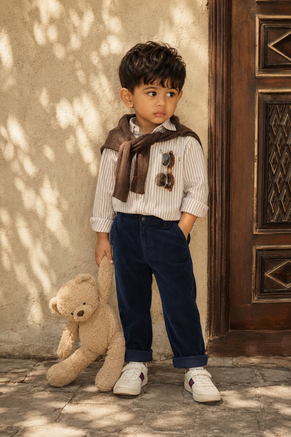 Stylish Young Boy Fashion Portrait on a Warm Stone Patio