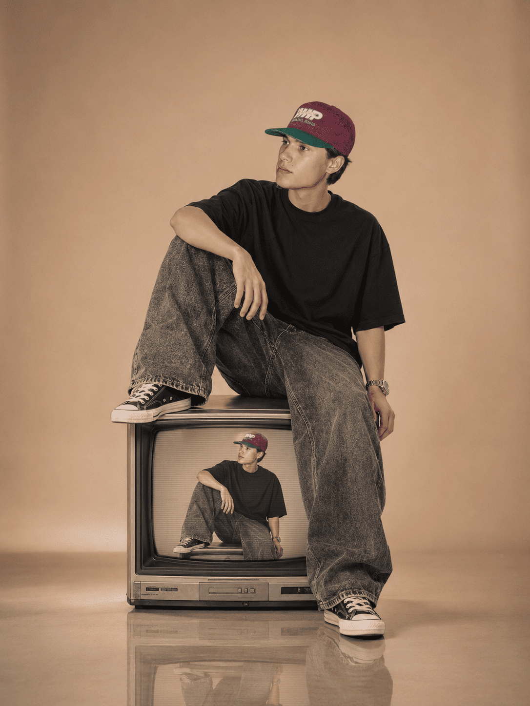 Surreal CRT Television Mirror Portrait with Luxury Streetwear Editorial Aesthetic