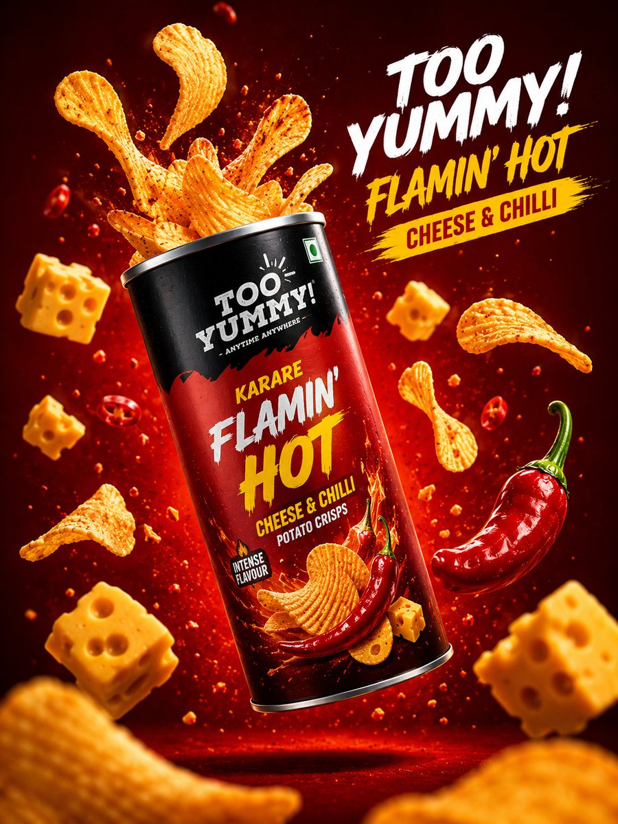 Ultra-Premium Pringles Flame Extra Hot Cheese & Chilli Commercial Poster Prompt | 8K FMCG Product Advertising