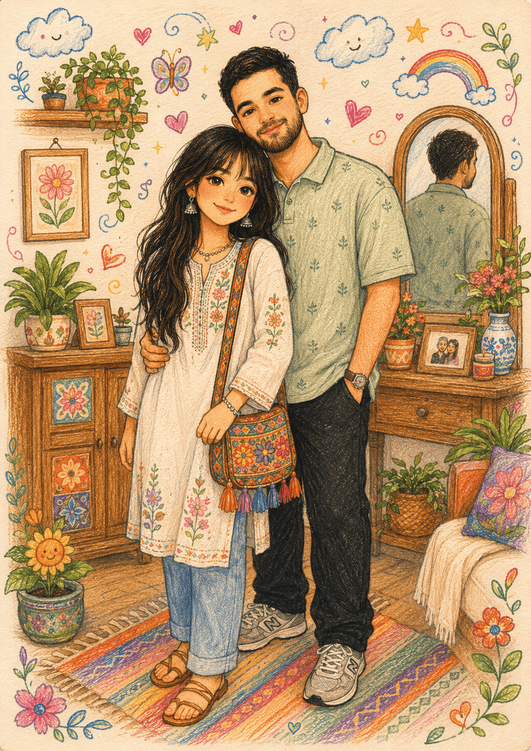 Wholesome Colored Pencil Couple Illustration in Cozy Storybook Home