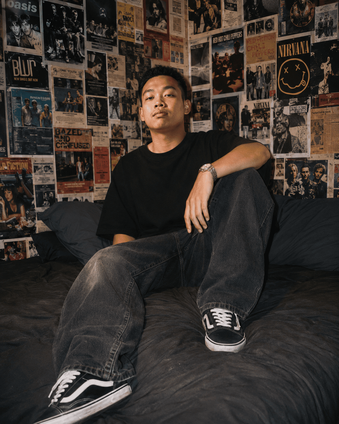 Y2K Indie Bedroom Portrait with Vintage Music Poster Aesthetic